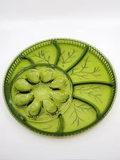 Pebble Leaf GREEN INDIANA GLASS DEVILED EGG And Relish DIVIDED SERVING PLATTER 