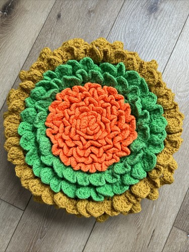 Vintage Handmade Bright Colored 3D Flower Crochet colorful 13.5” round pillow