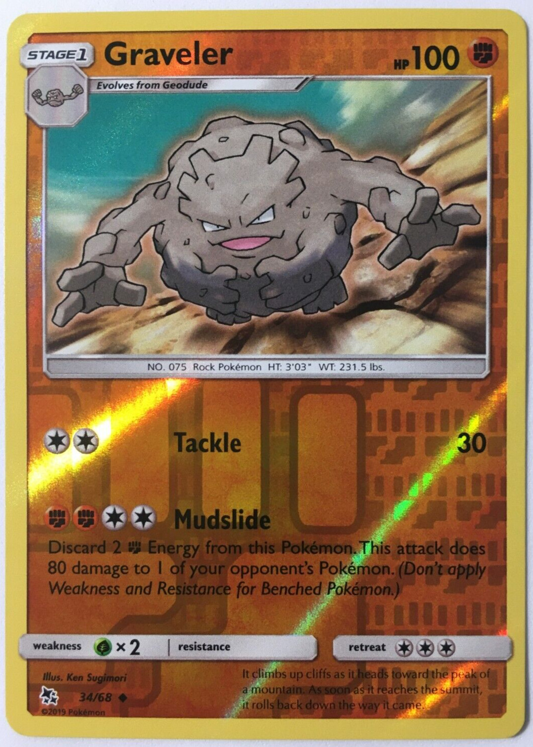 POKEMON GRAVELER 34/68 HIDDEN FATES UNCOMMON REVERSE HOLO NEAR MINT