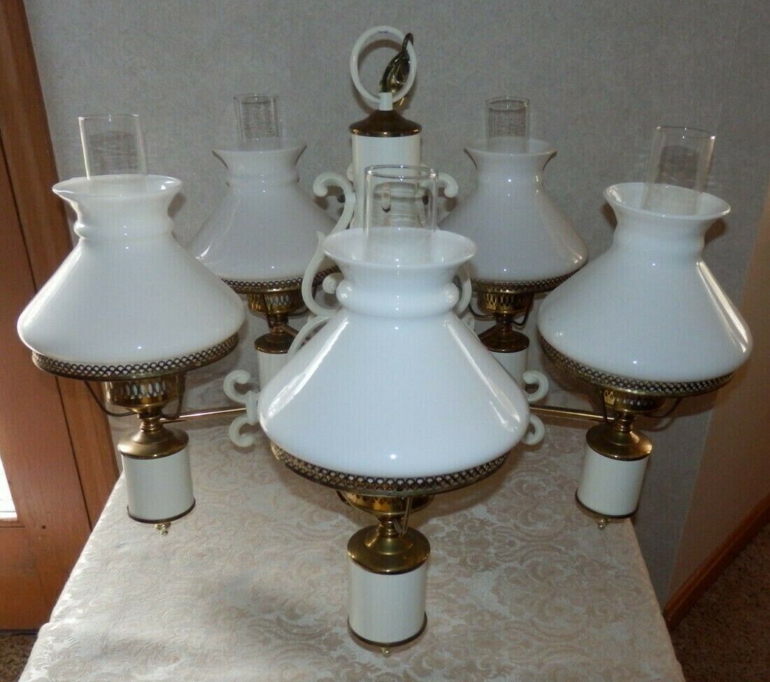 VTG 5 Light White & Brass Chandelier Milk Glass Globes LIGHTCRAFT PICK UP ONLY