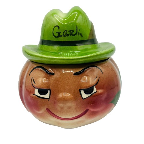 Vintage Deforest of Ca Hand Painted Garlic Jar W/ Lid Kitsch Anthropomorphic