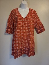 Old Navy Orange White Geometric Floral Print Shift Dress Boho Hippie Sz M