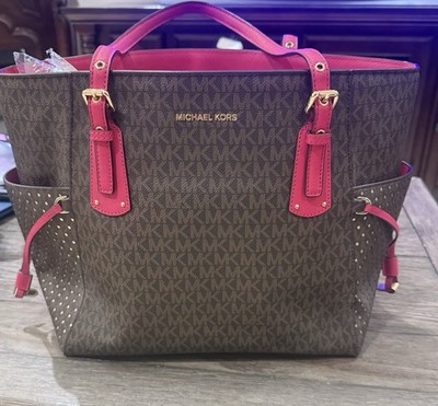 Michael Kors Logo Tote Bag Brown/Pink Double Handles Zip Gold Hardware