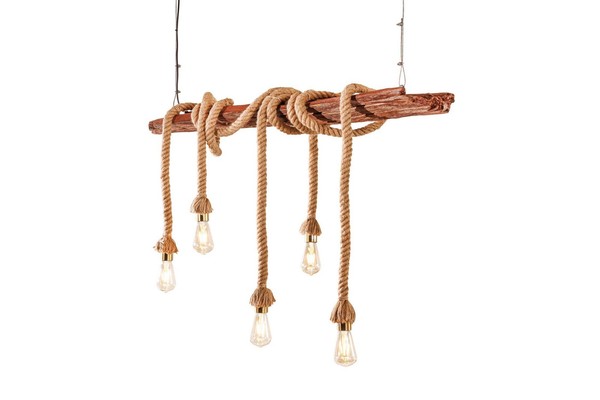 Pendelleuchte HäNgelampe Balken Holz Seil 110 Cm Lang Unikat FüR 5X E27 Esstisch-image