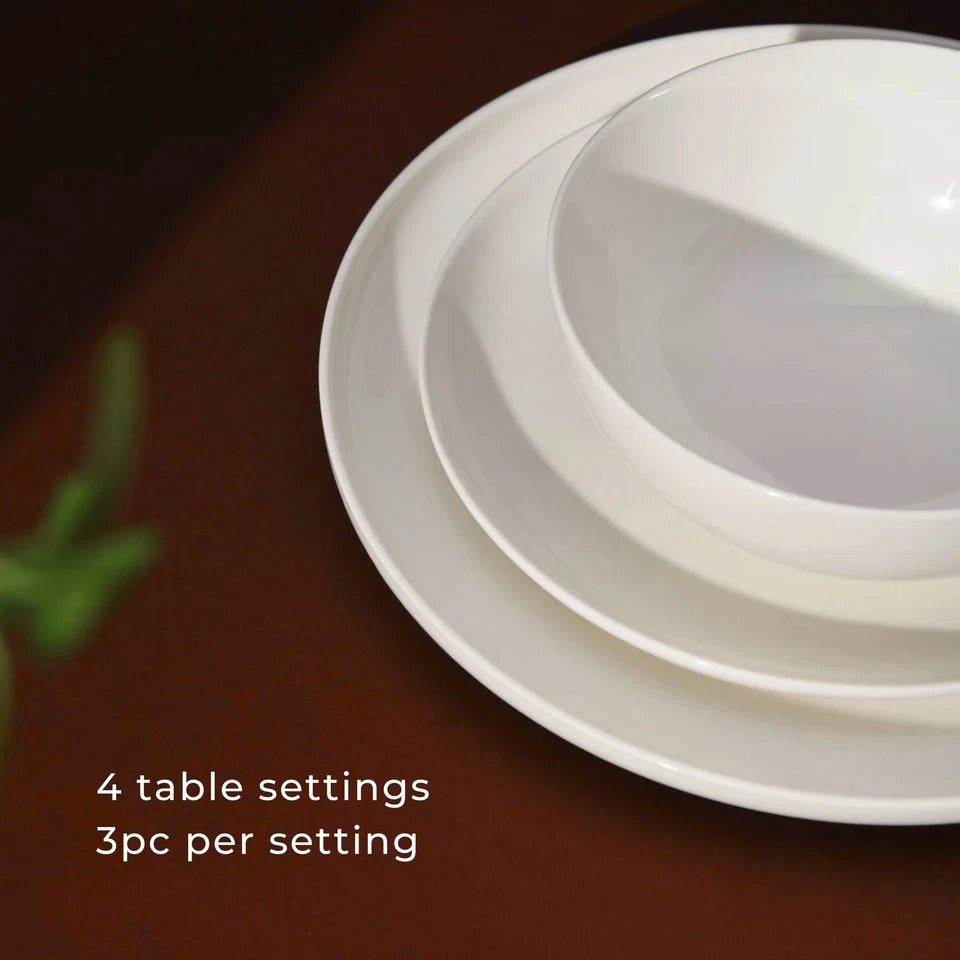 Gourmet Kitchen 12 Pieces Dinner Set Coupe Shape For 4 Person Gloss Glaze White - image 2 of 4