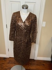 Carolina Herrera Brown Sequined Mesh Textured Surplice Neckline Sheath Dress, 6