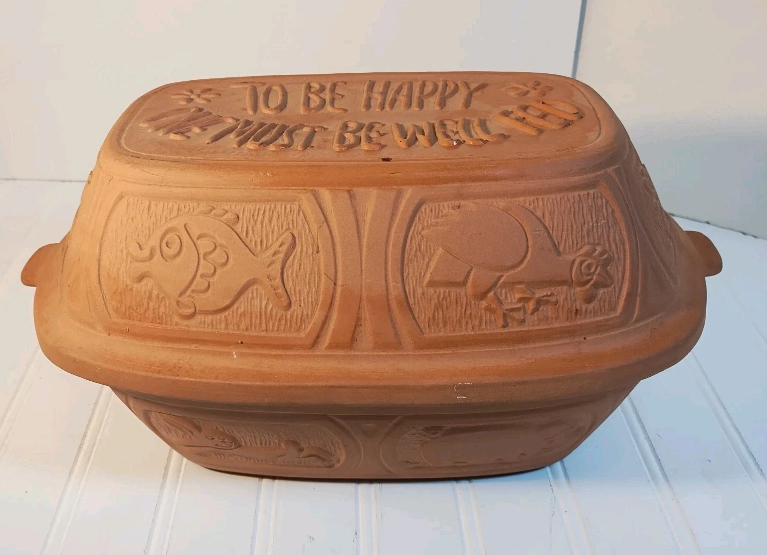 Vintage Terra Cotta Clay Glazed Dutch Oven Roasting Dish Baking Farm Animals