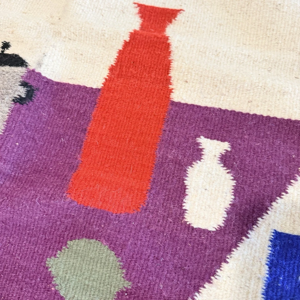 Alfombra zapoteca mexicana moderna de mediados de siglo tapiz de pared color primario escena de cocina Foto 4 de 4