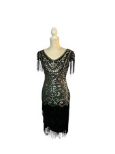 Emerald Green Sequin Flapper Art Deco Dress Green Black Gatsby 1920s Party Sz M