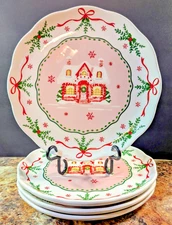 Set of 4 Potter's Studio Christmas House Pinkmas Pink Ruffled Edge Dinner Plates