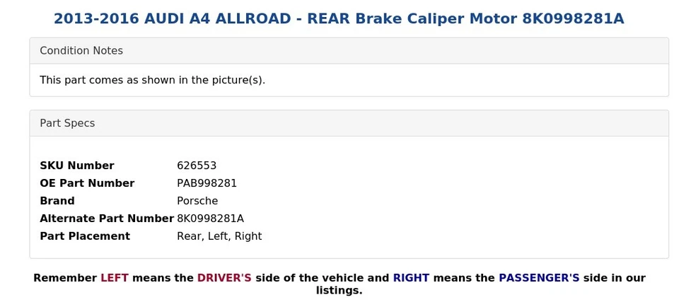 AUDI A4 ALLROAD 2013-2016 - Pinza de freno trasera motor 8K0998281A Foto 4 de 4