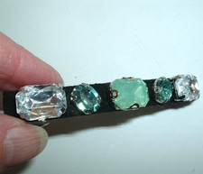 VINTAGE JEWELED GREEN MOONSTONE 3" BLACK VELVET HAIR BARRETTE