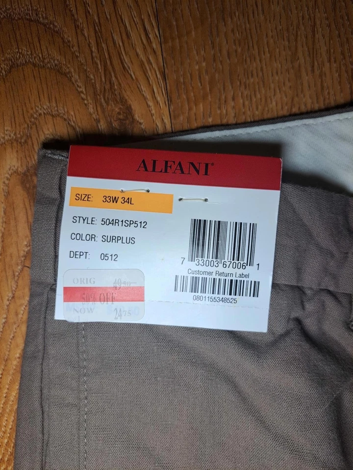 全新 Alfani Chino 裤子 男式 33x34 卡其色 棉 修身版型 — 第 3/4 张图片