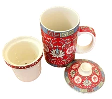 World Market Ceramic Tea Cup 12oz Lid Loose Tea Infuser Asian Theme 3 Pieces EUC