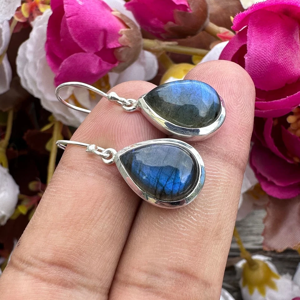 Teardrop Labradorite Women Earrings Statement Blue Stone Dangling Earrings MJ89 - Image 2 of 4