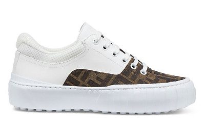 Fendi Force Brown FF Canvas White Platform FF Logo Low Top Trainer Sneaker 41.5