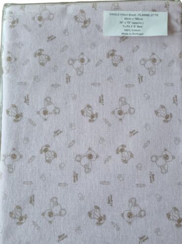 single pink fitted flannalette sheet teddy 100%cotton 90cm x 190cm baby bear - Afbeelding 1 van 4