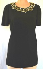DOLCE & GABBANA Black Jewel Glass Neck Applique Short Sleeves Back Zipper SZ 44