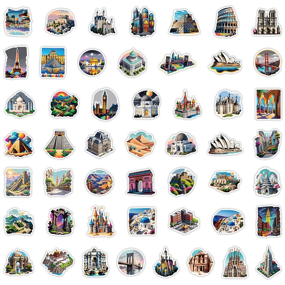 50 piezas pegatinas impermeables lugares de interés icónicos viaje vacaciones equipaje teléfono coche Foto 3 de 4