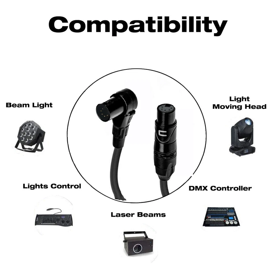 DMX Patch Cable 5-Pin XLR Right Angle Male to Female - 120 ohm DMX512 Data Cord - Image 2 of 4