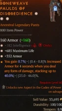 Diablo 4 S10 Season 10 Pants 3GA 182 Intelligence 685 max life 352 Armor