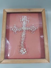 Framed White Quilled Cross Art Pearls 3D