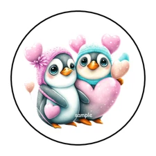30 VALENTINE'S DAY STICKERS ENVELOPE SEALS LABELS 1.5" ROUND PENGUINS HEARTS