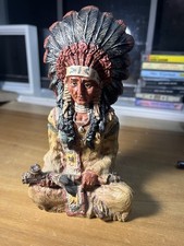 Native American Chief Sitting With Peace Pipe Figurine 6.75" Vintage