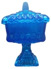 Vintage Jeanette Glass Pedestal Candy Box Dish Blue Lidded Collectible#0187