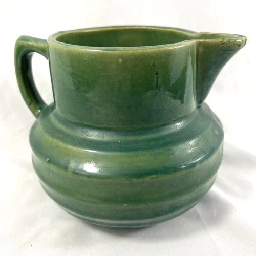 Vintage McCoy Pottery Green Stoneware Milk Pitcher 121 Shield Mark Cottage Core