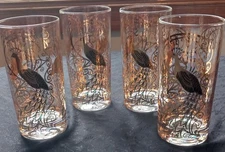 Set of 4 Osborne Kemper Thomas MCM 24k Gold Peacock Highball Glasses 5.5" tall