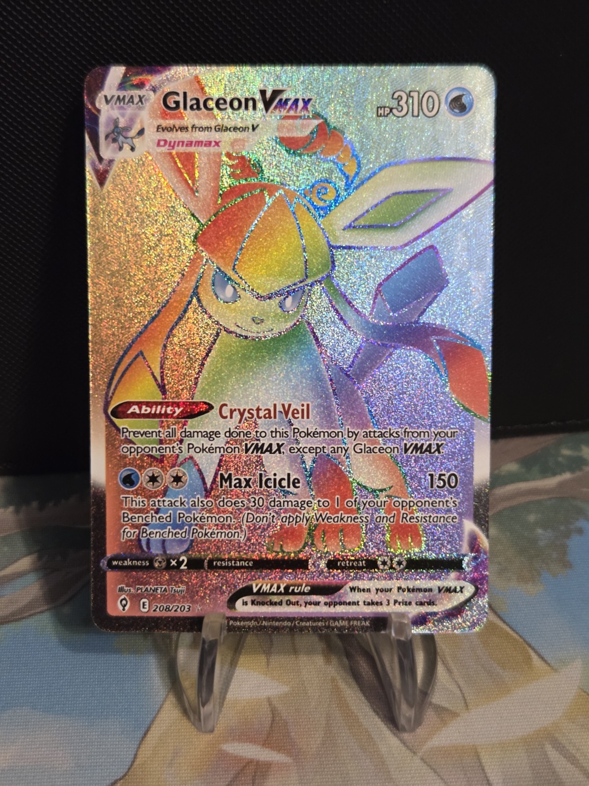Glaceon Vmax 208/203 Evolving Skies Rainbow Rare Full Art Pokémon NM