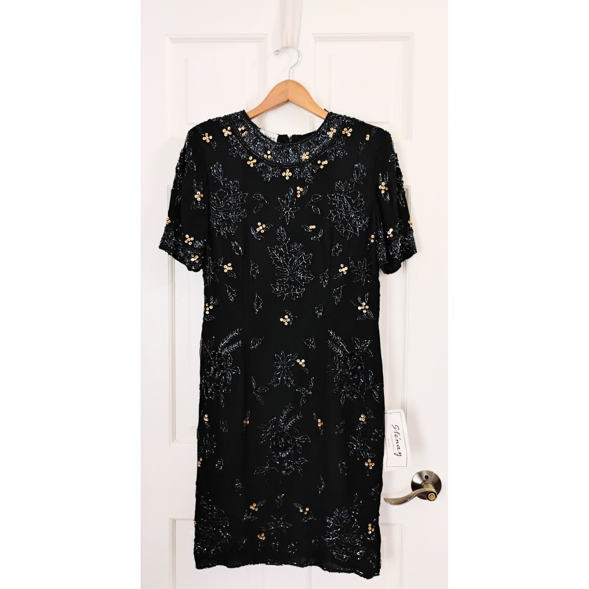 stenay beaded silk dress Stenay Beaded Silk Dress 12 Black Floral Sequin Vintage Evening Gown  Deadstock