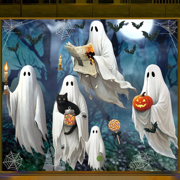 Halloween Fensterbilder Deko 90X43Cm 4 BläTter Geister KüRbis Fledermaus Katze-image