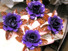 FOUR metal roses, flowers & leaves for accents, embellishment, purple