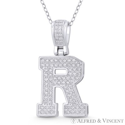 Initial Letter ''R'' Block Script CZ Crystal 925 Sterling Silver & Rhodium Pendant