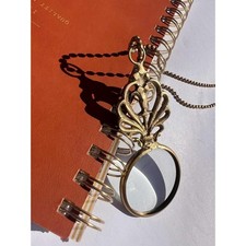Brass Monocle Magnifying Glass Necklace | Ornate Filigree Loupe, Satin Bag