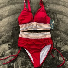 Blooming Jelly Red High Waist Ruched Drawstring Bikini Set Swimsuit - Medium