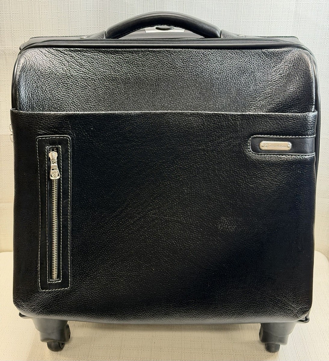 Tonino Lamborghini Black Leather Wheeled Luggage Bag w/Telescoping