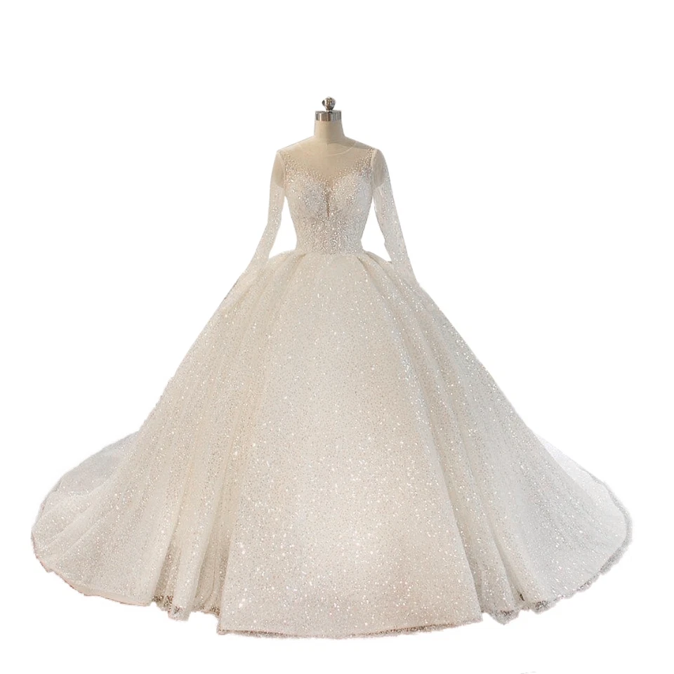 Elegantes Vestidos de Novia Brillantes de Baile Cuello en O Mangas Largas Encaje Vestidos de Novia Foto 2 de 3