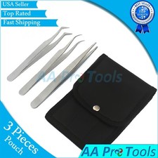 3 Silver Eyelash Extension Tweezers Straight, Curved Angled Stainless w/ Pouch