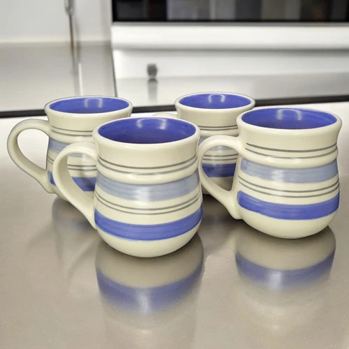 Lot Of 4 Pfaltzgraff Rio Coffee Cups Stoneware Mugs Two Tone Blue Stripe Mexico 