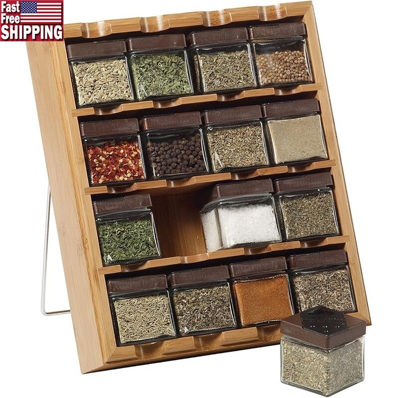 Bamboo 3-in-1 Spice Organizer with Included Spices for Countertop Wall or Drawer