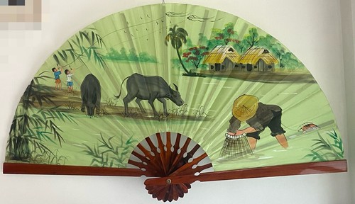Large 100cm Decorative Silk & Timber Asian Wall Fan, Vintage Rural Village Scene