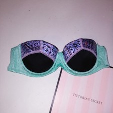 Victoria Secret Swim Suit Bikini Top 32B Black Aqua Bandeau Light Push Up