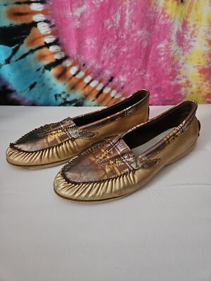 Vintage 90s Gold Flat Slide On Slippers- Moccasin Style- Flats Size
