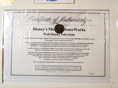 Disney PLUTO the DOG Certified & Signed TV Production Cel Drawing 15"x12" 1999 - Picture 9 of 9