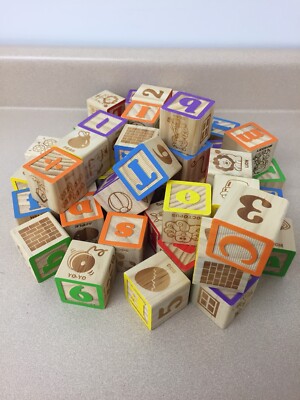 Lot Of 50 Wood Wooden Toy Blocks Letter Number Animal Picture Alphabet ABC AR172