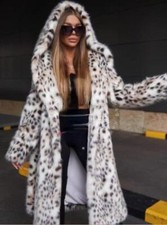 Hooded Leopard Print Faux Fur Coat Mid Length Loose Overcoat Thicken Warm Winter