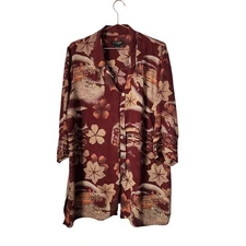 CITRON Silk Japanese-inspired Scenic Button Top Burgundy Floral Print 1X